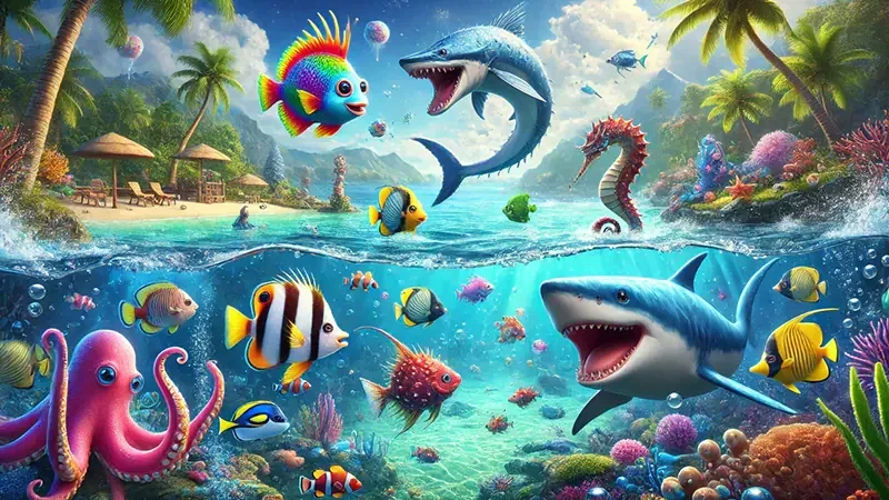 Arena tembak ikan dengan ikan dan meriam di layar permainan